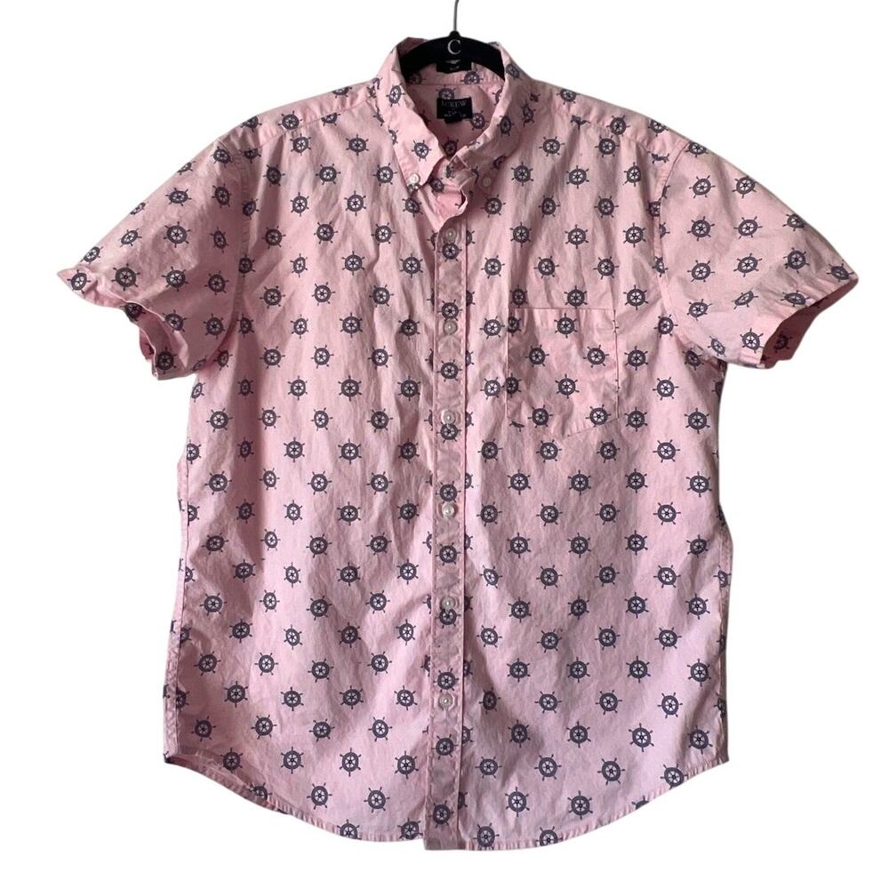 J Crew Nautical Wheel Pink SS Button Up Casual Flex Washed SLIM LARGE